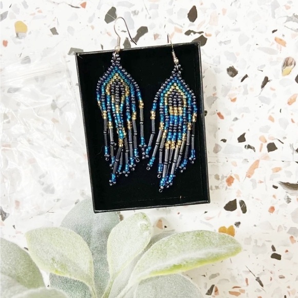 Bohemian Blue Gold Beaded Dangle Earrings Sterling Silver Eclectic Tribal NEW - Picture 2 of 8